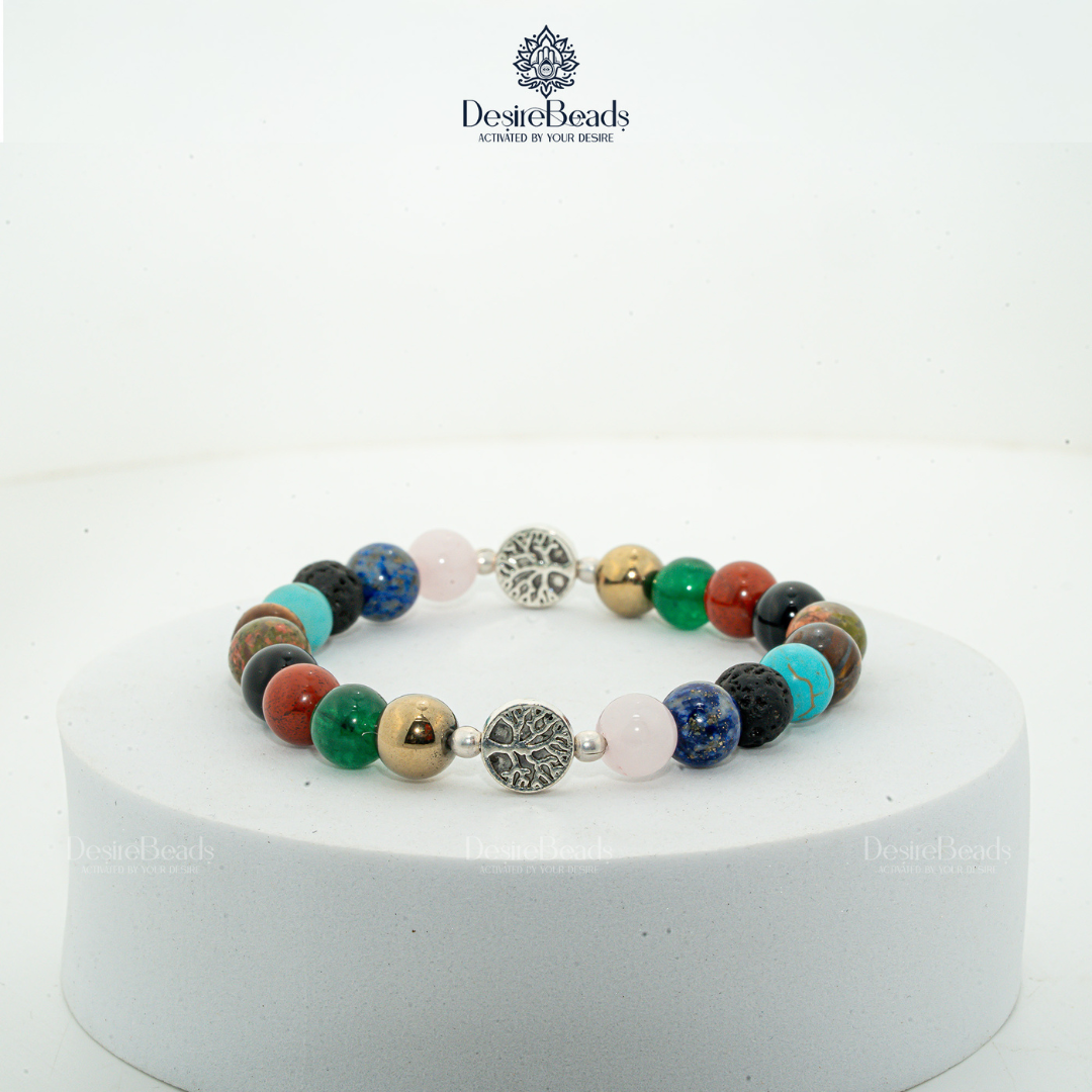 DesireBeads Wish Tree Bracelet – Rose Quartz | Lapis Lazuli | Lava Stone | African Turquoise | Tiger Eye | Red Jasper | Black Onyx | Green Agate | Golden Pyrite | Green Onyx