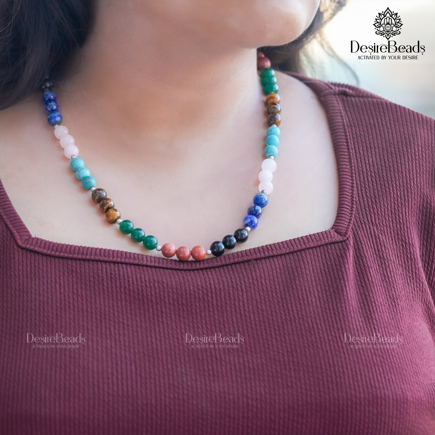 DesireBeads 7 Chakra Mala - Tiger Eye | African Turquoise | Rose Quartz | Lapis Lazuli | Black Onyx | Green Onyx | Red Jasper