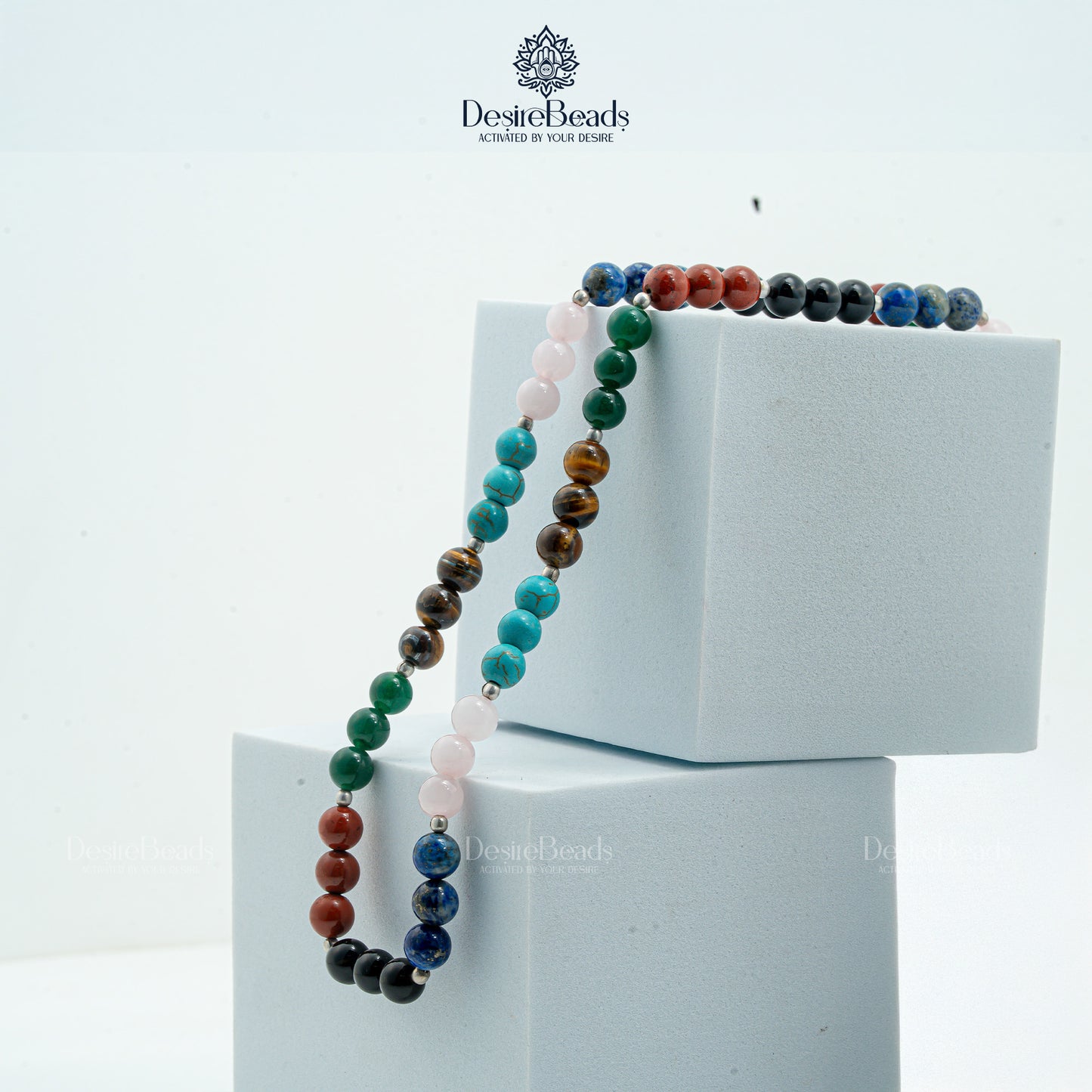 DesireBeads 7 Chakra Mala - Tiger Eye | African Turquoise | Rose Quartz | Lapis Lazuli | Black Onyx | Green Onyx | Red Jasper