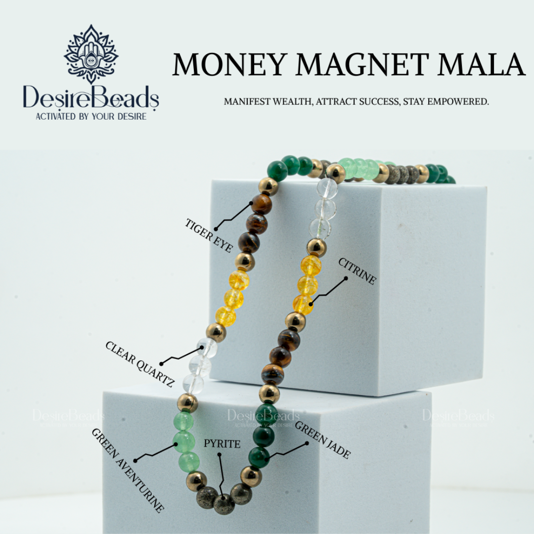 DesireBeads Money Magnet Mala – Pyrite | Golden Pyrite | Citrine | Tiger Eye | Clear Quartz | Green Jade | Aventurine