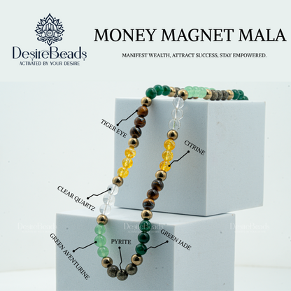 DesireBeads Money Magnet Mala – Pyrite | Golden Pyrite | Citrine | Tiger Eye | Clear Quartz | Green Jade | Aventurine