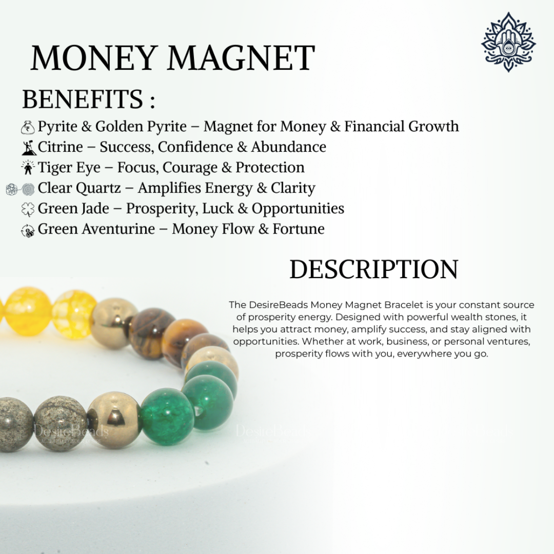 DesireBeads Money Magnet Bracelet – Pyrite | Golden Pyrite | Citrine | Tiger Eye | Clear Quartz | Green Jade | Aventurine
