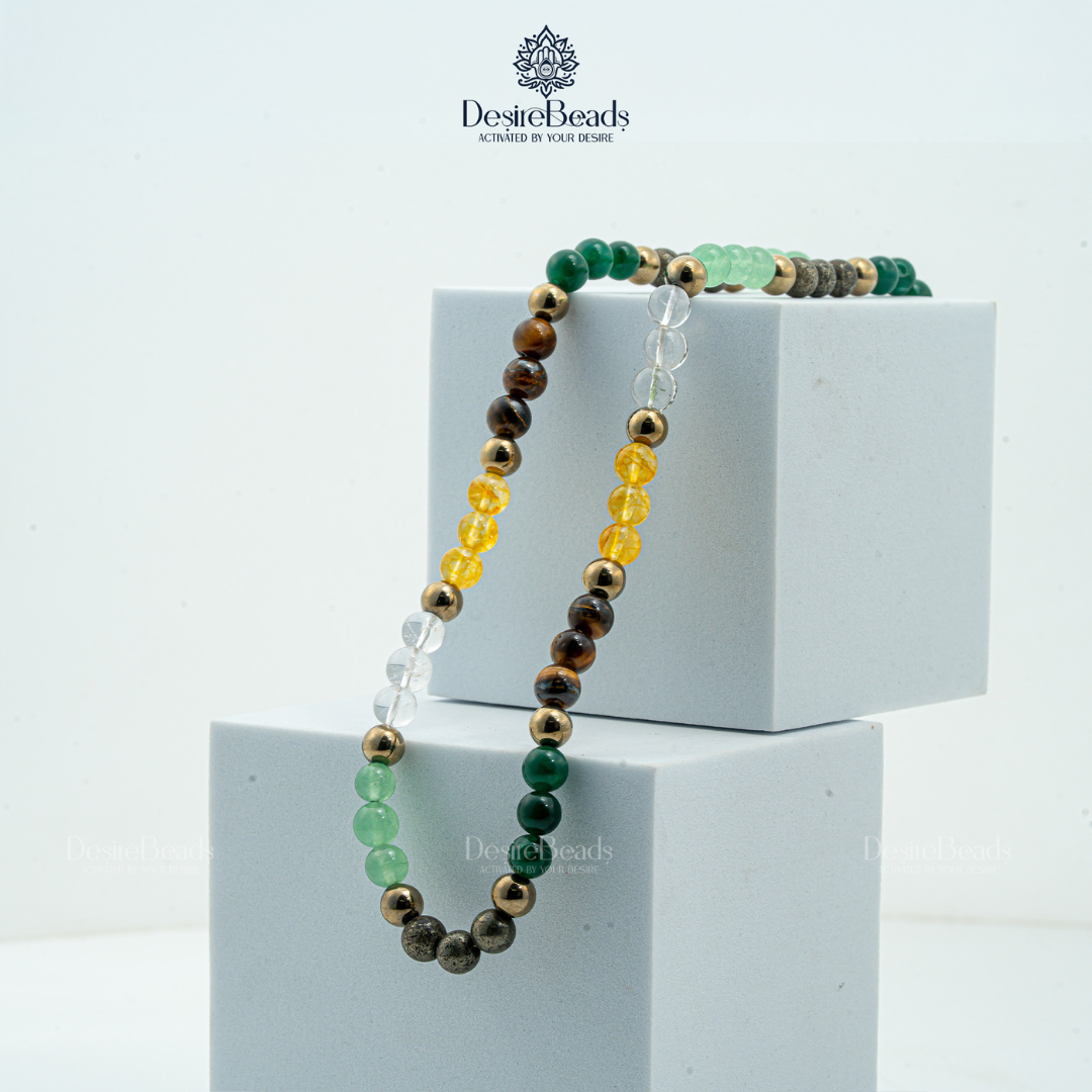 DesireBeads Money Magnet Mala – Pyrite | Golden Pyrite | Citrine | Tiger Eye | Clear Quartz | Green Jade | Aventurine