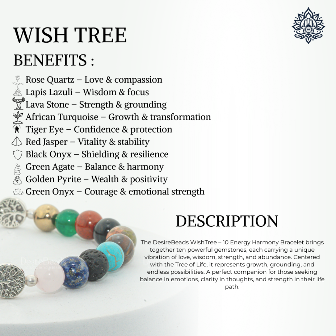 DesireBeads Wish Tree Bracelet – Rose Quartz | Lapis Lazuli | Lava Stone | African Turquoise | Tiger Eye | Red Jasper | Black Onyx | Green Agate | Golden Pyrite | Green Onyx