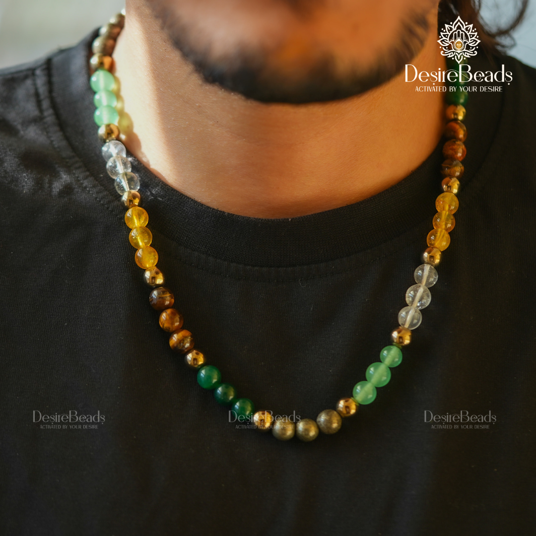 DesireBeads Money Magnet Mala – Pyrite | Golden Pyrite | Citrine | Tiger Eye | Clear Quartz | Green Jade | Aventurine
