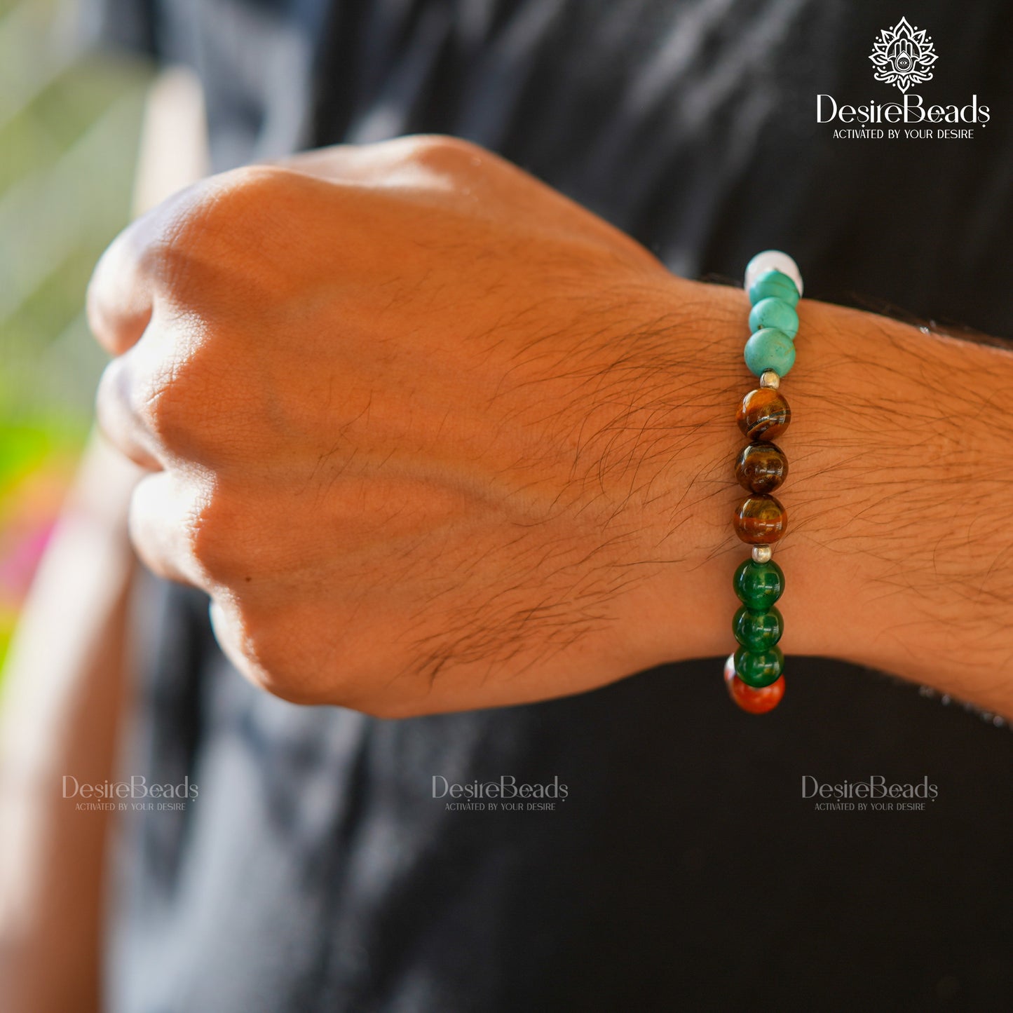 DesireBeads 7 Chakra Bracelet - Rose Quartz | African Turquoise | Tiger Eye | Green Onyx | Lapis Lazuli | Black Onyx | Red Jasper