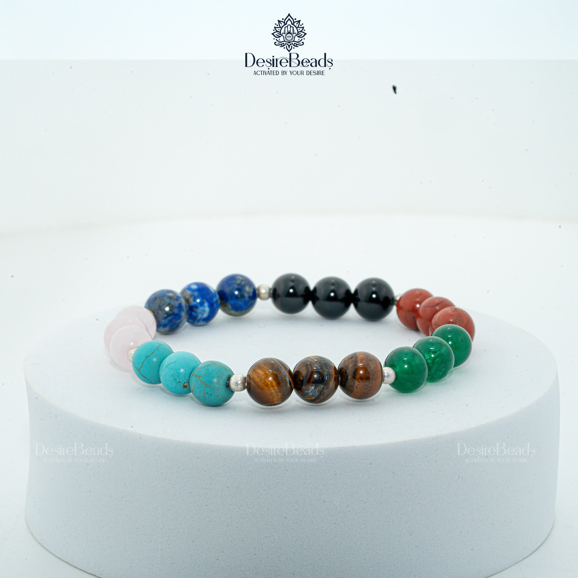 DesireBeads 7 Chakra Bracelet - Rose Quartz | African Turquoise | Tiger Eye | Green Onyx | Lapis Lazuli | Black Onyx | Red Jasper