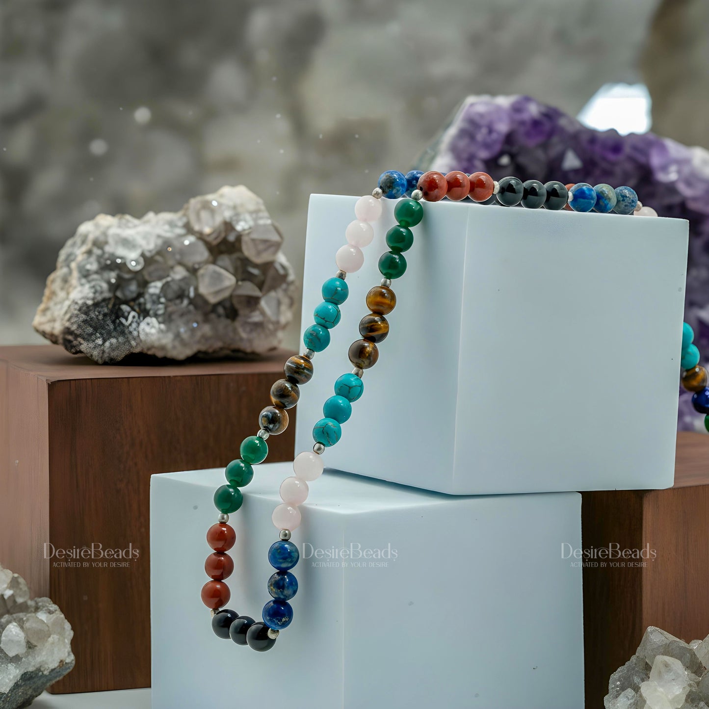 DesireBeads 7 Chakra Mala - Tiger Eye | African Turquoise | Rose Quartz | Lapis Lazuli | Black Onyx | Green Onyx | Red Jasper