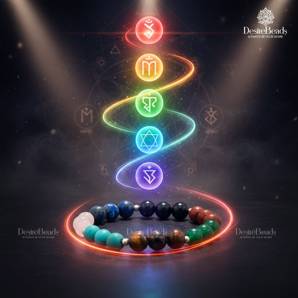 DesireBeads 7 Chakra Bracelet - Rose Quartz | African Turquoise | Tiger Eye | Green Onyx | Lapis Lazuli | Black Onyx | Red Jasper