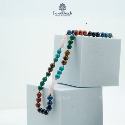 DesireBeads 7 Chakra Mala - Tiger Eye | African Turquoise | Rose Quartz | Lapis Lazuli | Black Onyx | Green Onyx | Red Jasper
