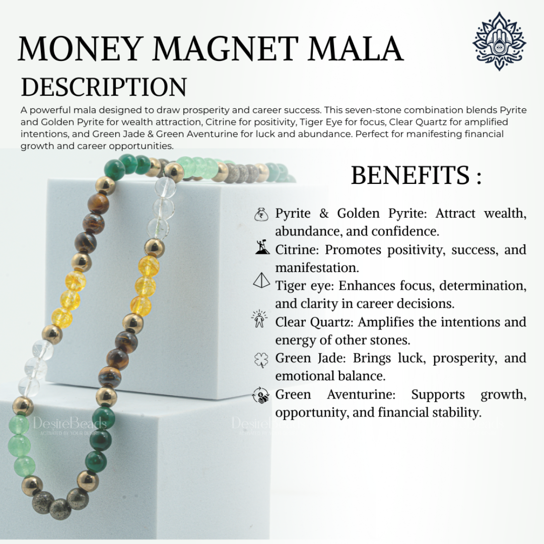 DesireBeads Money Magnet Mala – Pyrite | Golden Pyrite | Citrine | Tiger Eye | Clear Quartz | Green Jade | Aventurine