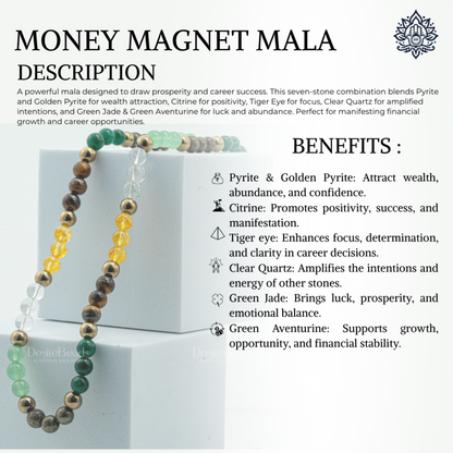 DesireBeads Money Magnet Mala – Pyrite | Golden Pyrite | Citrine | Tiger Eye | Clear Quartz | Green Jade | Aventurine